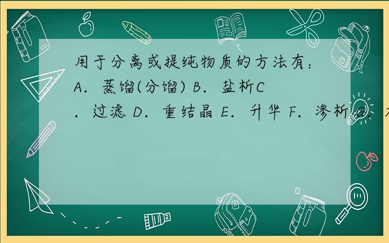 用于分离或提纯物质的方法有：A．蒸馏(分馏) B．盐析C．过滤 D．重结晶 E．升华 F．渗析 G．加热分解.下列各组混合物的分离或提纯应选用上述哪一种方法最合适?（把选用的方法的标号填入