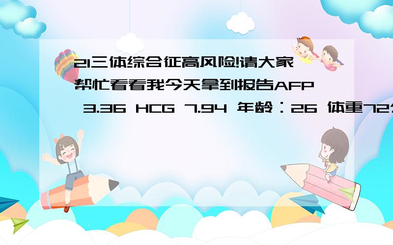 21三体综合征高风险!请大家帮忙看看我今天拿到报告AFP 3.36 HCG 7.94 年龄：26 体重72公斤 21三体综合征 年龄风险1：1000 风险值1：230 风险截断值：1：250请帮忙看一下这个是不是特别严重筛查结