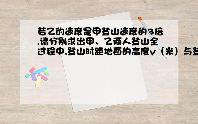 若乙的速度是甲登山速度的3倍,请分别求出甲、乙两人登山全过程中,登山时距地面的高度y（米）与登山时间x(分）之间的函数关系式