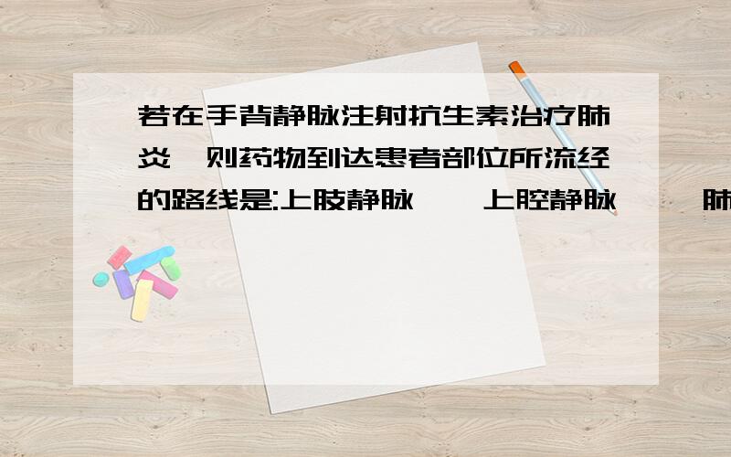 若在手背静脉注射抗生素治疗肺炎,则药物到达患者部位所流经的路线是:上肢静脉——上腔静脉 ——肺若在手背静脉注射抗生素治疗肺炎,则药物到达患者部位所流经的路线是:上肢静脉——