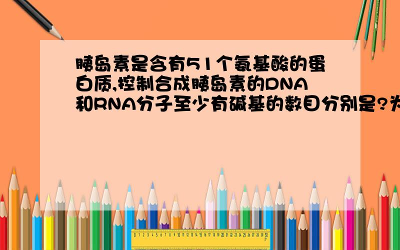 胰岛素是含有51个氨基酸的蛋白质,控制合成胰岛素的DNA和RNA分子至少有碱基的数目分别是?为什么是306和153