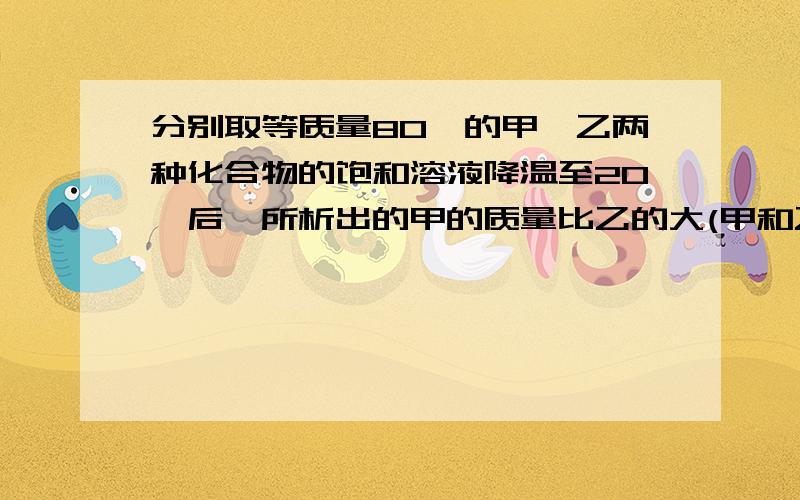 分别取等质量80℃的甲、乙两种化合物的饱和溶液降温至20℃后,所析出的甲的质量比乙的大(甲和乙均无结晶水).下列关于甲、乙溶解度的叙述中肯定正确的是(A)20℃时,乙的溶解度比甲的大 (B)8