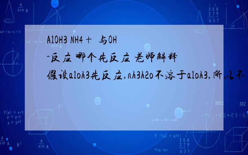 AlOH3 NH4+ 与OH-反应 哪个先反应 老师解释假设aloh3先反应,nh3h2o不溶于aloh3,所以不与aloh3先反应 但我感觉逻辑性不强 求详解