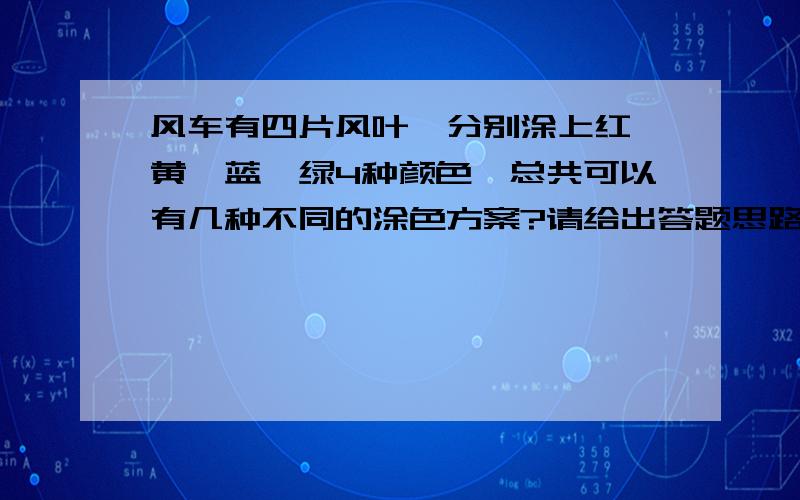 风车有四片风叶,分别涂上红,黄,蓝,绿4种颜色,总共可以有几种不同的涂色方案?请给出答题思路.最初认为4X4X4X4=256 发现本题应与四个风叶排一列的结果有所不同,