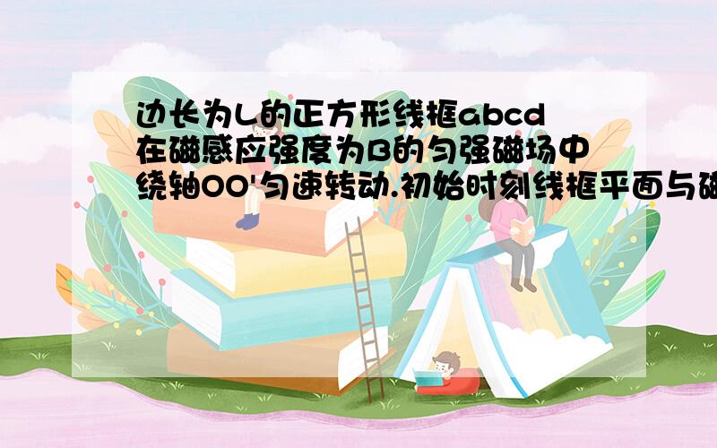 边长为L的正方形线框abcd在磁感应强度为B的匀强磁场中绕轴OO'匀速转动.初始时刻线框平面与磁场垂直,如图所示,经过t时间,线框转过120°,求：（1）线框转动周期和线框转过120°时感应电动势