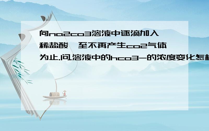 向na2co3溶液中逐滴加入稀盐酸,至不再产生co2气体为止.问.溶液中的hco3-的浓度变化怎样