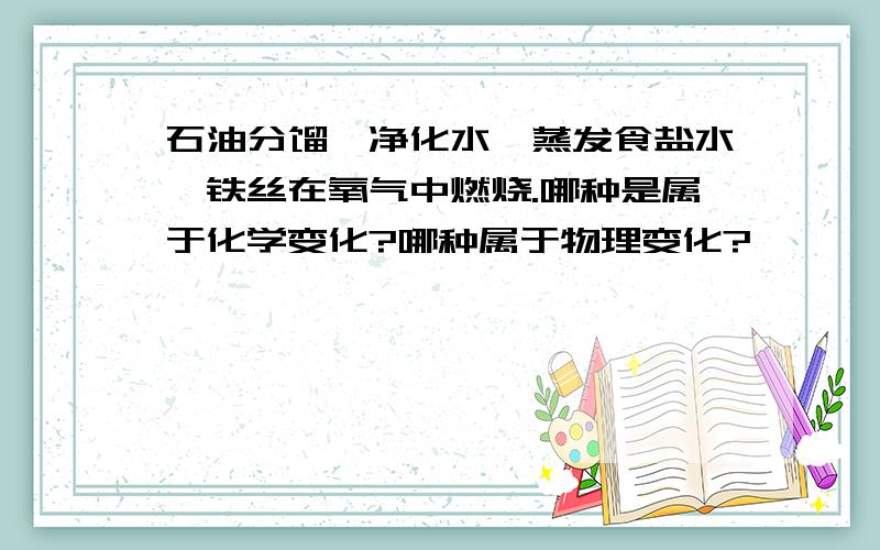 石油分馏,净化水,蒸发食盐水,铁丝在氧气中燃烧.哪种是属于化学变化?哪种属于物理变化?