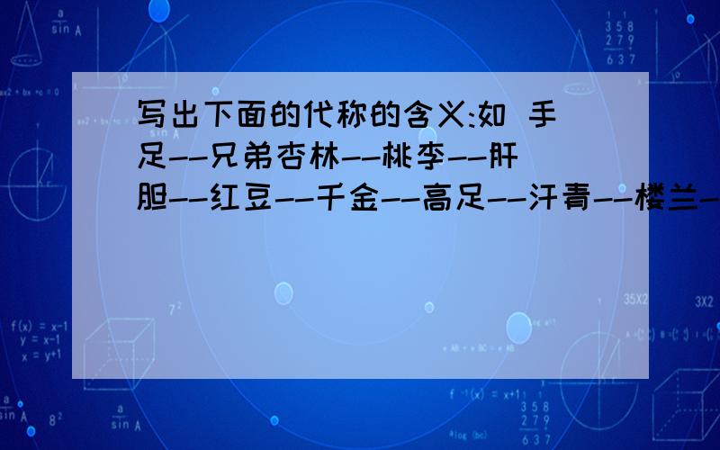 写出下面的代称的含义:如 手足--兄弟杏林--桃李--肝胆--红豆--千金--高足--汗青--楼兰--桑梓--尺素--杜康--