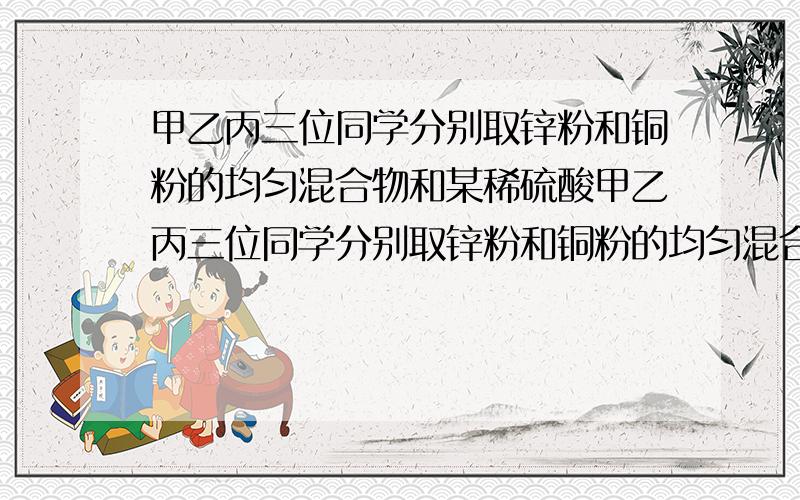 甲乙丙三位同学分别取锌粉和铜粉的均匀混合物和某稀硫酸甲乙丙三位同学分别取锌粉和铜粉的均匀混合物与某稀硫酸反应.所得数据如下表所示 甲 乙 丙 取用金属混合物质量/g 1.6 1.6 2 取用