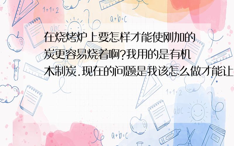 在烧烤炉上要怎样才能使刚加的炭更容易烧着啊?我用的是有机木制炭.现在的问题是我该怎么做才能让刚烧红的木炭跟还没燃烧的木炭放在一起能很快的让还没燃烧的木炭在最短的时间内也