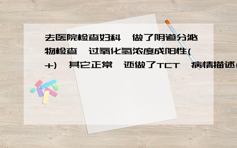 去医院检查妇科,做了阴道分泌物检查,过氧化氢浓度成阳性(+),其它正常,还做了TCT,病情描述(发病时间、主要症状等)：和爱人做爱老出血,去医院检查妇科,做了阴道分泌物检查,过氧化氢浓度成