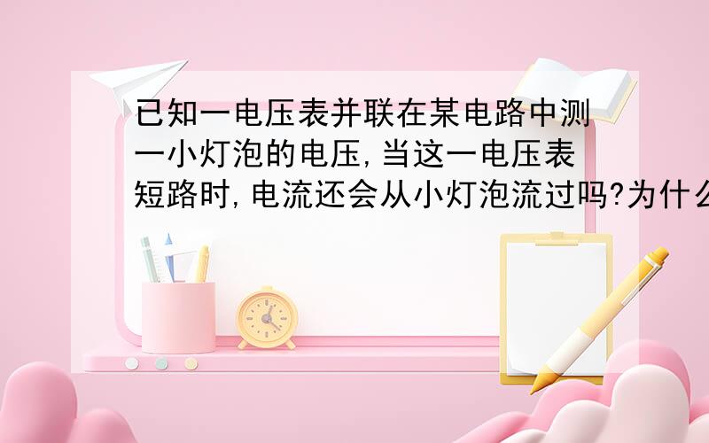 已知一电压表并联在某电路中测一小灯泡的电压,当这一电压表短路时,电流还会从小灯泡流过吗?为什么?