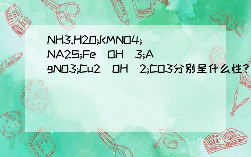 NH3.H2O;KMNO4;NA2S;Fe(OH)3;AgNO3;Cu2(OH)2;CO3分别呈什么性?