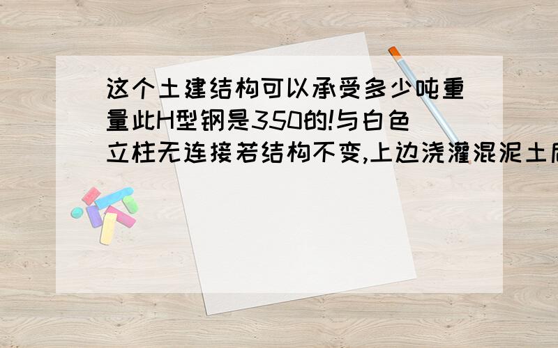 这个土建结构可以承受多少吨重量此H型钢是350的!与白色立柱无连接若结构不变,上边浇灌混泥土后,是否可以承受13吨的重量!若可以,请告知原理,最好说的详细点,小弟对土建一窍不通