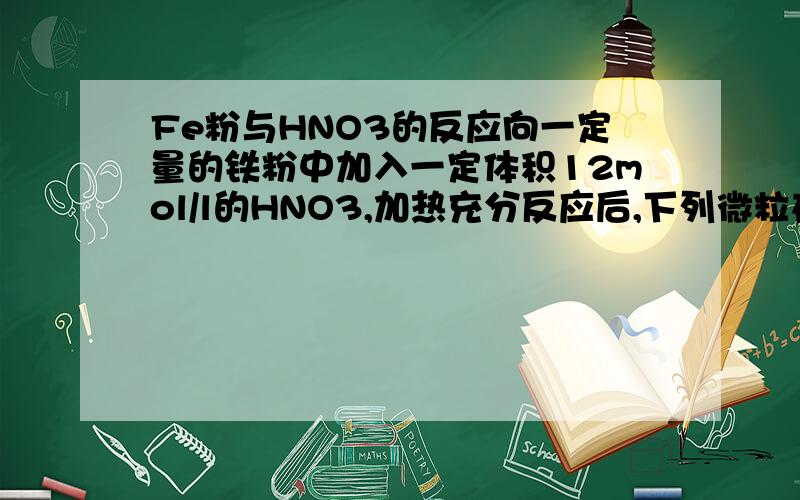 Fe粉与HNO3的反应向一定量的铁粉中加入一定体积12mol/l的HNO3,加热充分反应后,下列微粒在体系中一定大量存在的是 1NO3- 2Fe3+ 3H+ 4NO 5NO2 A1 B15 C245 D1235 请选择后详细说明