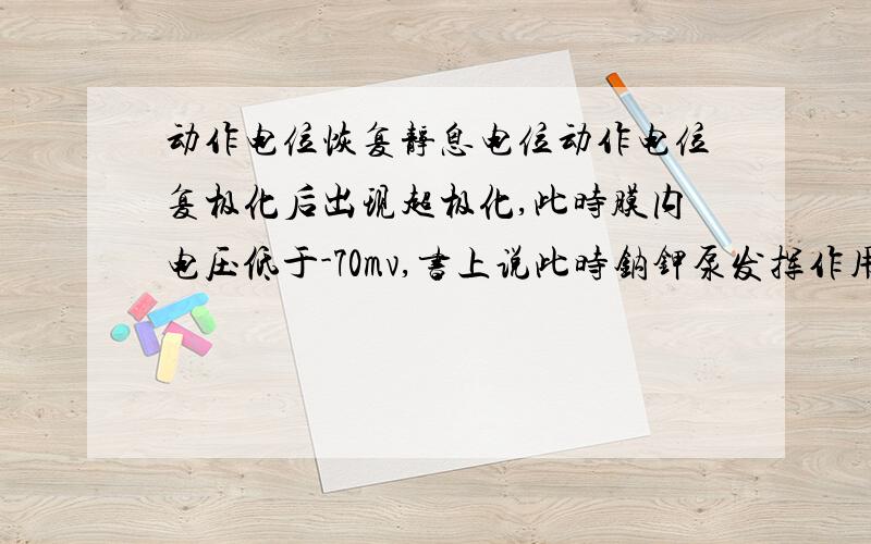 动作电位恢复静息电位动作电位复极化后出现超极化,此时膜内电压低于-70mv,书上说此时钠钾泵发挥作用,将3个钠离子运出,2个钾离子运入,这样逐渐恢复-70mv的状态,但是出去的钠离子多,进来的