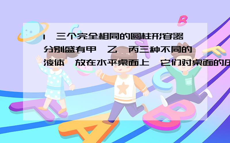 1、三个完全相同的圆柱形容器分别盛有甲、乙、丙三种不同的液体,放在水平桌面上,它们对桌面的压强相等,将铜、铁、铝三个质量相等的实心金属球分别按序浸没在甲、（P铜>P铁>P铝）乙、