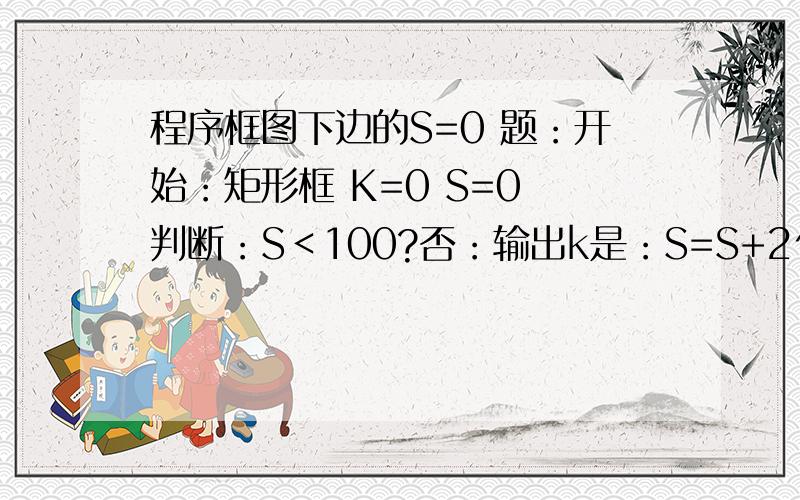 程序框图下边的S=0 题：开始：矩形框 K=0 S=0 判断：S＜100?否：输出k是：S=S+2^S k=k+1 然后回到判断那 开始下边的S=0 S=0的话 那S=S+2^S 不一直都是0了还怎么做啊