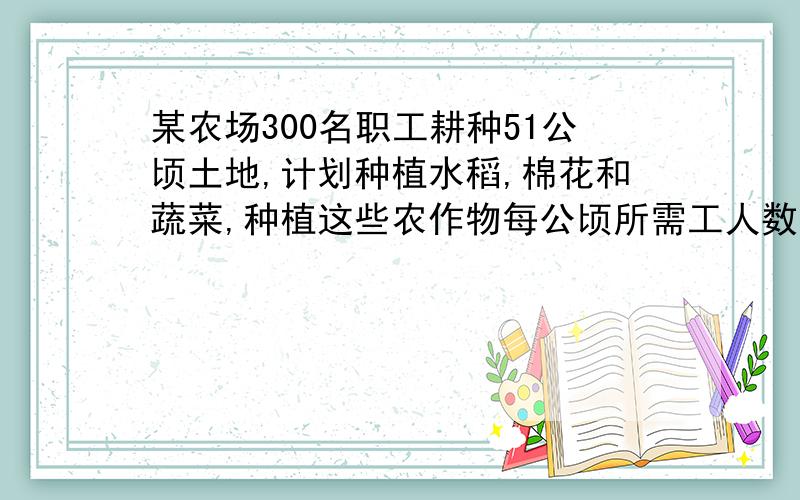 某农场300名职工耕种51公顷土地,计划种植水稻,棉花和蔬菜,种植这些农作物每公顷所需工人数如下左表所示农作物  每公顷预计产值/万元  每公顷所需工人数/人  水稻    4.5