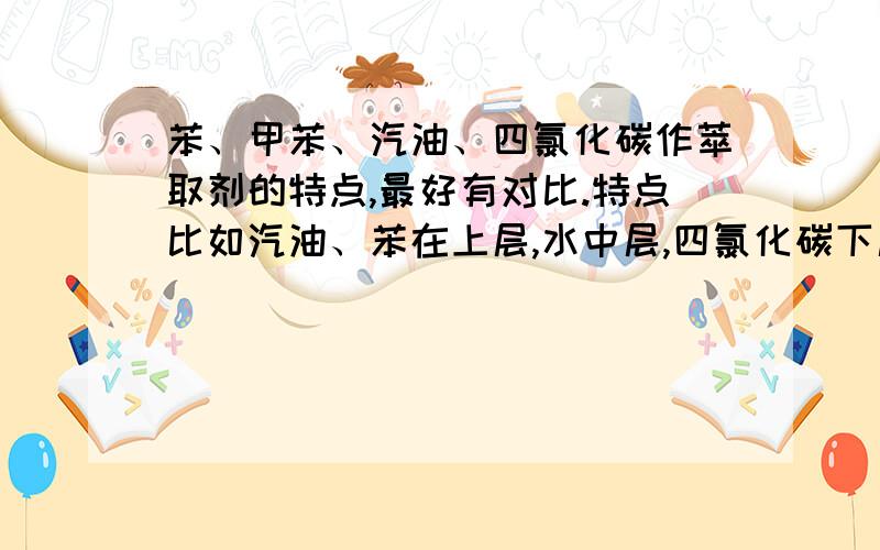 苯、甲苯、汽油、四氯化碳作萃取剂的特点,最好有对比.特点比如汽油、苯在上层,水中层,四氯化碳下层,甲苯在哪?