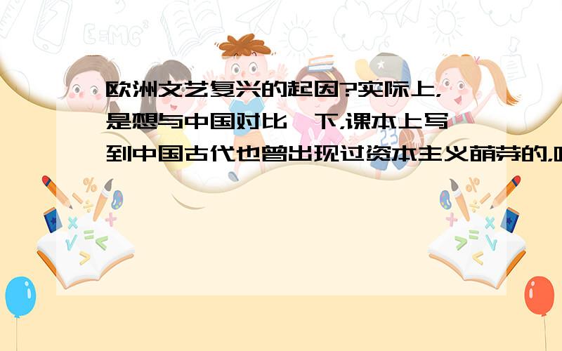 欧洲文艺复兴的起因?实际上，是想与中国对比一下，课本上写到中国古代也曾出现过资本主义萌芽的，哪为什么没有发展？这个才是主要想问的。