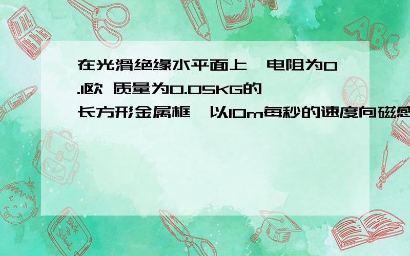 在光滑绝缘水平面上,电阻为0.1欧 质量为0.05KG的长方形金属框,以10m每秒的速度向磁感应强度B=0.5T 方向垂直水平面向下,范围足够大的匀强磁场滑去,当金属框进入磁场到达如下所示的位置是 产