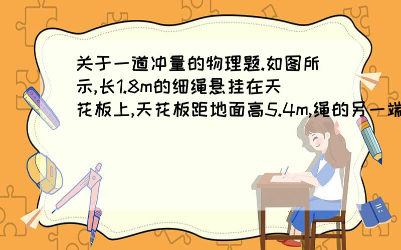 关于一道冲量的物理题.如图所示,长1.8m的细绳悬挂在天花板上,天花板距地面高5.4m,绳的另一端系一质量为2kg的小球与天花板接触,然后让球自由落下,绳绷直后即拉断,最后小球落地.小球从天花