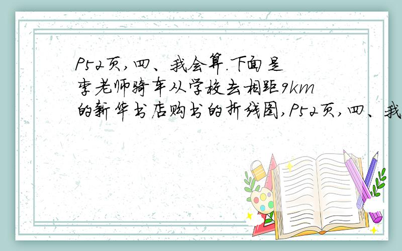 P52页,四、我会算.下面是李老师骑车从学校去相距9km的新华书店购书的折线图,P52页,四、我会算.下面是李老师骑车从学校去相距9km的新华书店购书的折线图,看图回答问题.（3）李老师往返新