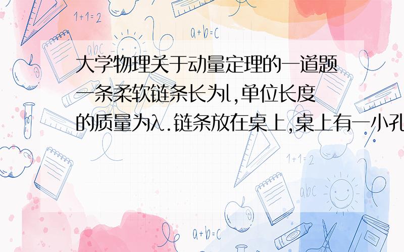 大学物理关于动量定理的一道题一条柔软链条长为l,单位长度的质量为λ.链条放在桌上,桌上有一小孔,链条一端由小孔稍伸下,其余部分堆在小孔周围.由于某种扰动,链条因自身重量开始落下.