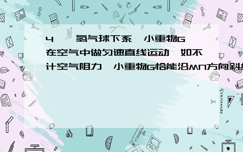 4、一氢气球下系一小重物G,在空气中做匀速直线运动,如不计空气阻力,小重物G恰能沿MN方向斜线上升.（如