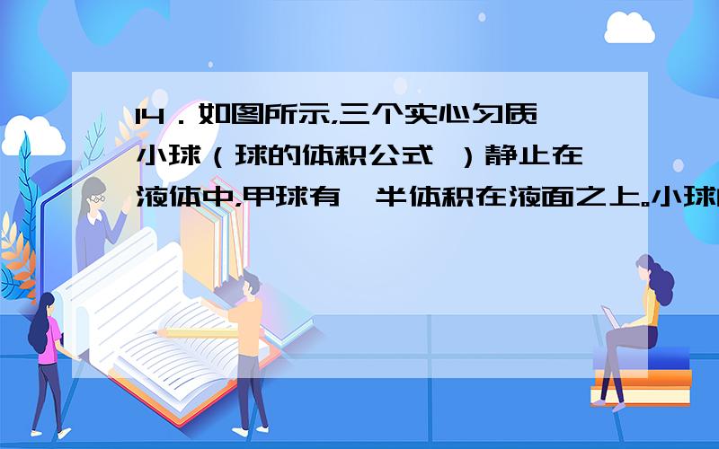 14．如图所示，三个实心匀质小球（球的体积公式 ）静止在液体中，甲球有一半体积在液面之上。小球的半径之比为r甲∶r乙∶r丙＝3∶2∶1，甲与丙的密度之比为ρ甲∶ρ丙＝1∶3，则A．三球