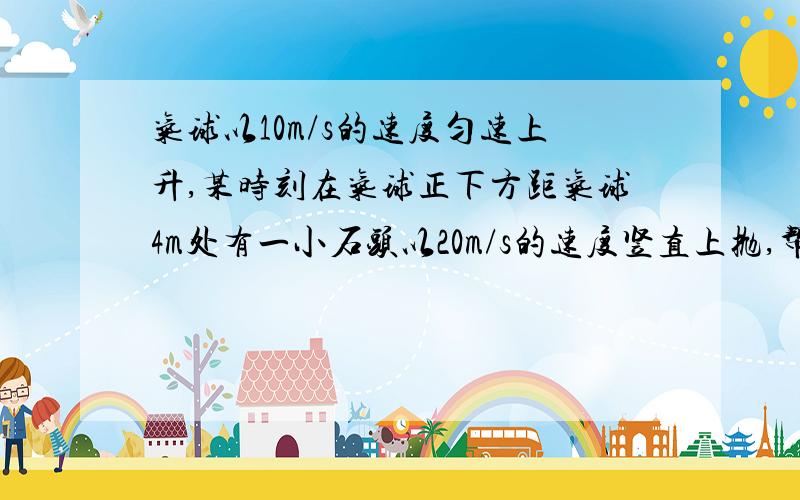 气球以10m/s的速度匀速上升,某时刻在气球正下方距气球4m处有一小石头以20m/s的速度竖直上抛,帮我解释一下这两个选项：1.小石头相对气球做匀减速运动,但它一定能击中气球；2.若气球速度增