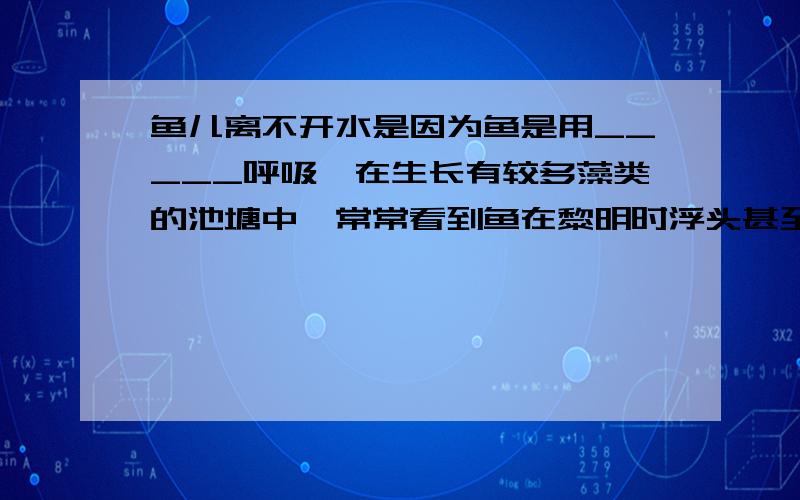 鱼儿离不开水是因为鱼是用_____呼吸,在生长有较多藻类的池塘中,常常看到鱼在黎明时浮头甚至跳出水面是因为水中缺少_____ .