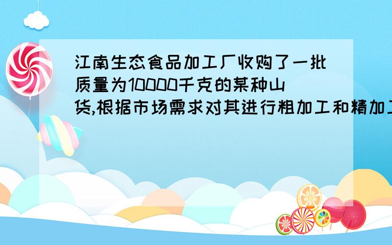 江南生态食品加工厂收购了一批质量为10000千克的某种山货,根据市场需求对其进行粗加工和精加工处理,已知精加工的该种山货质量比粗加工的质量3倍还多2000千克．求粗加工的该种山货质量