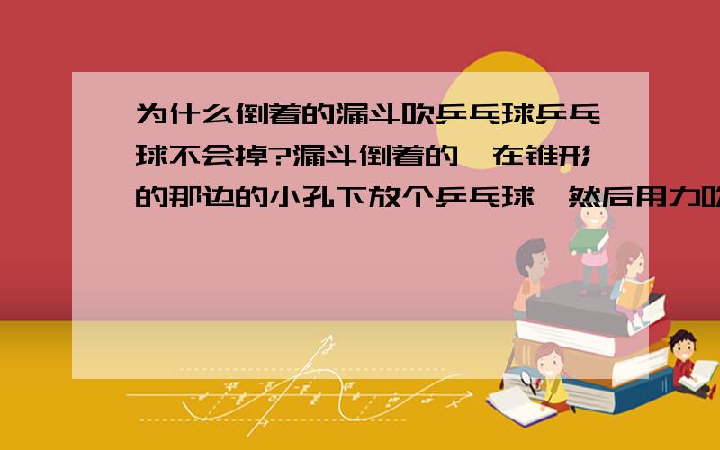 为什么倒着的漏斗吹乒乓球乒乓球不会掉?漏斗倒着的,在锥形的那边的小孔下放个乒乓球,然后用力吹,吹的同时把乒乓球放开,但乒乓球没有掉,这是为什么,请物理高手告诉下我为什么,切记用