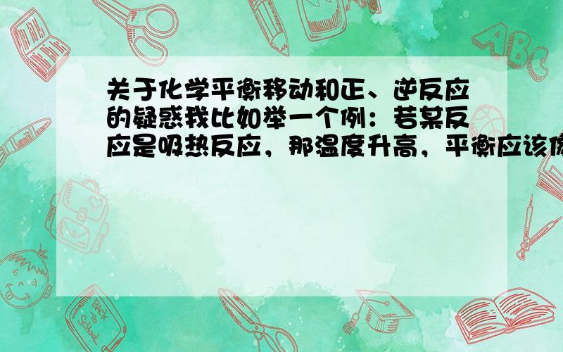 关于化学平衡移动和正、逆反应的疑惑我比如举一个例：若某反应是吸热反应，那温度升高，平衡应该像正反应方向移动。那这样的话正反应的速率应该在提高啊，怎么会是降低呢？MS我没