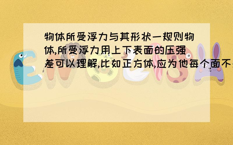 物体所受浮力与其形状一规则物体,所受浮力用上下表面的压强差可以理解,比如正方体,应为他每个面不是水平就是垂直,水压应为垂直于其面,作图很容易理解,但如果是梯形呢,两边就应该是斜