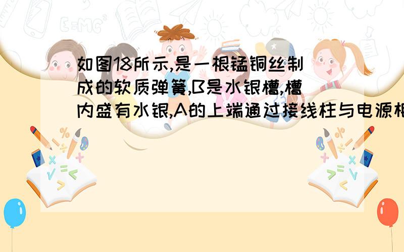 如图18所示,是一根锰铜丝制成的软质弹簧,B是水银槽,槽内盛有水银,A的上端通过接线柱与电源相连,A的下端恰好与水银表面接触,开关S闭合时发生的现象是：（ ） A．弹簧伸长,灯持续发光 B．