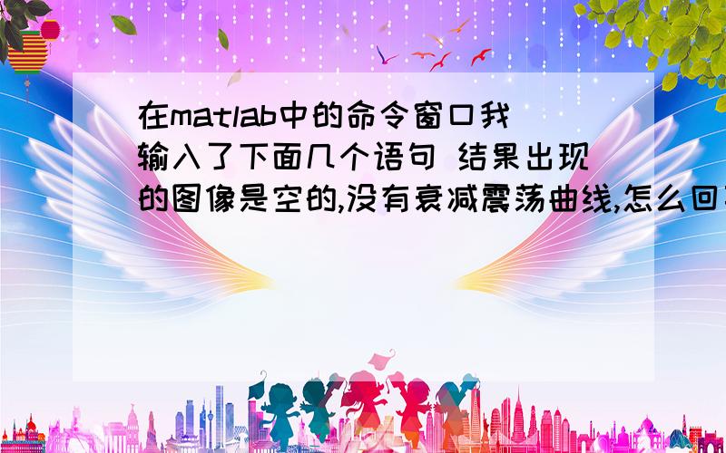 在matlab中的命令窗口我输入了下面几个语句 结果出现的图像是空的,没有衰减震荡曲线,怎么回事t=0;pi/50;5*pi;y-exp(-t/2.5).*sin(3*t);%y=exp(-t/2.5).*sin(3*t);%plot(t,y,'-b','LineWidth',2)%axis([0,5*pi,-1,1])xlabel('t/s