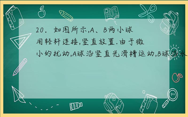 20．如图所示,A、B两小球用轻杆连接,竖直放置.由于微小的扰动,A球沿竖直光滑槽运动,B球沿水平光滑槽运动.则在A球到达底端前（ ）（A）A球的机械能先减小后增大（B）轻杆对A球做负功,对B