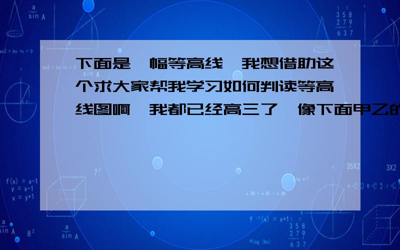 下面是一幅等高线,我想借助这个求大家帮我学习如何判读等高线图啊,我都已经高三了,像下面甲乙的海拔是多少怎么判读啊,好像是有个什么大于大,小于小的规律的