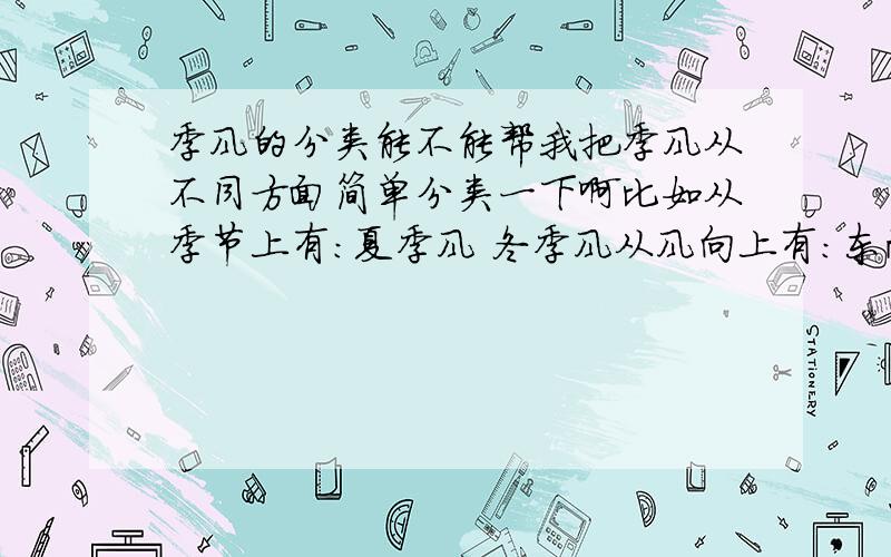 季风的分类能不能帮我把季风从不同方面简单分类一下啊比如从季节上有：夏季风 冬季风从风向上有：东南季风 ···从地理位置上：南亚季风 · ···从不同方面分类一下 有点混淆