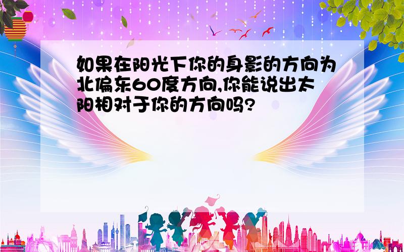 如果在阳光下你的身影的方向为北偏东60度方向,你能说出太阳相对于你的方向吗?