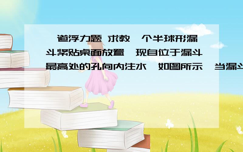 一道浮力题 求教一个半球形漏斗紧贴桌面放置,现自位于漏斗最高处的孔向内注水,如图所示,当漏斗内的水面刚好达到孔的位置时,漏斗开始浮起,水开始从下面流出.若漏斗半径为R,而水的密度