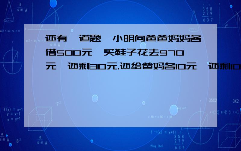 还有一道题,小明向爸爸妈妈各借500元,买鞋子花去970元,还剩30元.还给爸妈各10元,还剩10元.现在欠爸妈一共980元,加上自己剩下的10元,990元.还有10元钱哪去了?这也求解是会计学里的借贷问题.