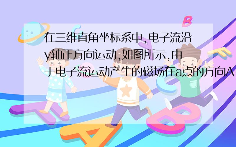 在三维直角坐标系中,电子流沿y轴正方向运动,如图所示,由于电子流运动产生的磁场在a点的方向A．+x 方向 B．+z 方向 C．- z 方向 D．- x 方向 选D 为什么?如何用安培定则来判定这个?