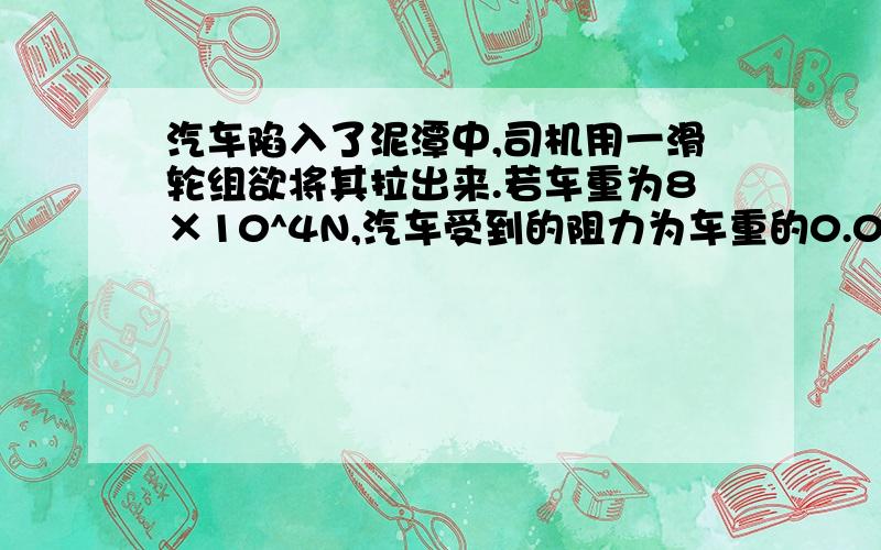 汽车陷入了泥潭中,司机用一滑轮组欲将其拉出来.若车重为8×10^4N,汽车受到的阻力为车重的0.03倍,滑轮组的机械效率为80%,问：（1）该司机至少需用多大的力才能将汽车从泥潭中拉出?（2）若