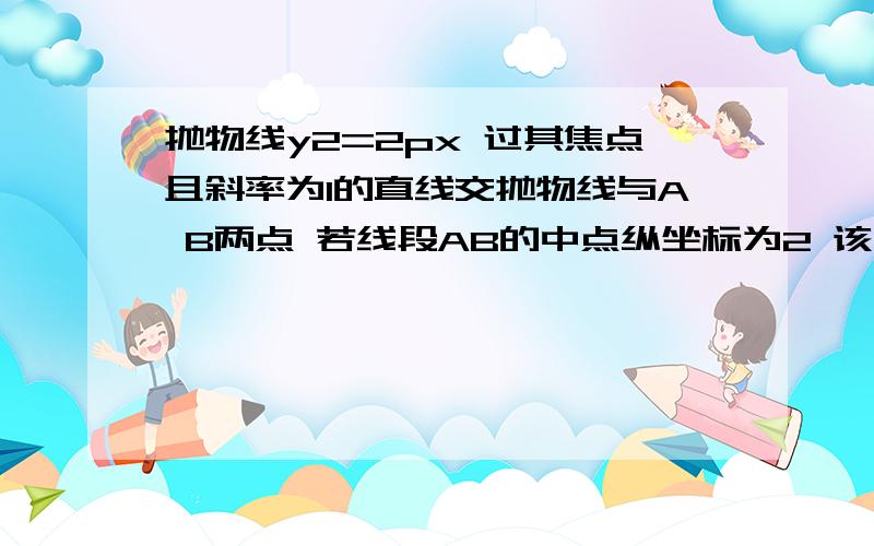 抛物线y2=2px 过其焦点且斜率为1的直线交抛物线与A B两点 若线段AB的中点纵坐标为2 该抛物线的准线方程设A（x1,y1）、B（x2,y2）,则有y12=2px1,y22=2px2,两式相减得：（y1-y2）（y1+y2）=2p（x1-x2）,又