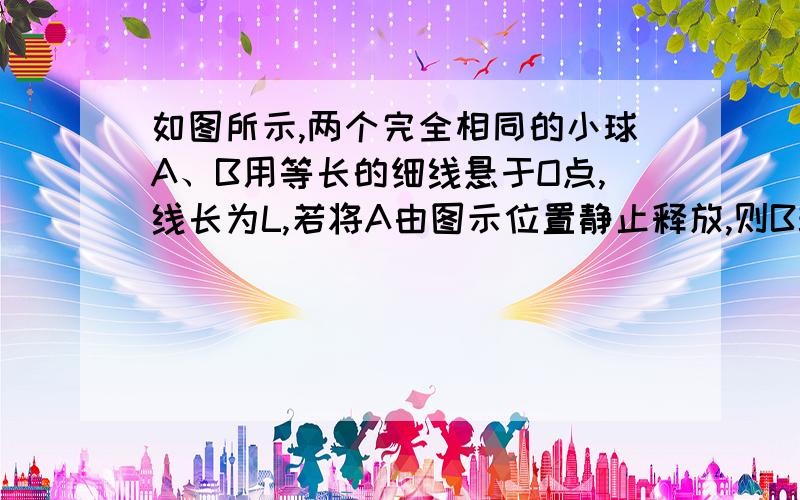 如图所示,两个完全相同的小球A、B用等长的细线悬于O点,线长为L,若将A由图示位置静止释放,则B球被碰后第一次速度为0时的高度（离最低点）,可能是（    ）A、L        B、L/4       C、L/8      D、L