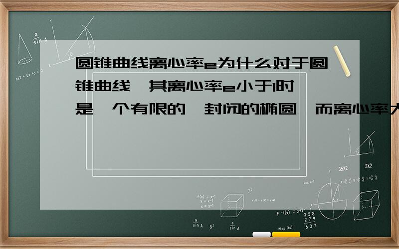 圆锥曲线离心率e为什么对于圆锥曲线,其离心率e小于1时,是一个有限的,封闭的椭圆,而离心率大于或等于1时,所得的图形是一个不封闭的,在某个方向上是无限的抛物线或双曲线呢?请注意，我